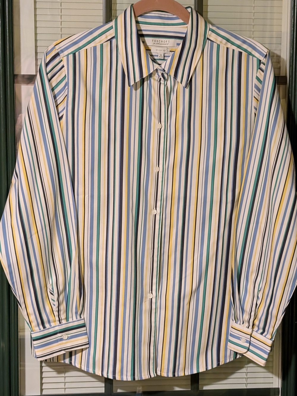 Foxcroft Multicolor Striped Button-Down Shirt — White, Blue, Yellow, Green